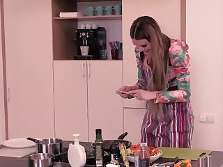 Hot MILF with big boobs blows lovers fuckstick in the kitchen